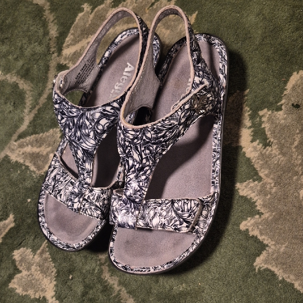 Alegria Black & White Floral T-Strap Slingback Sandals